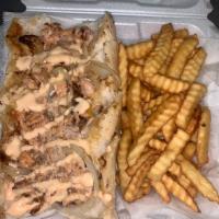 Salmon & Shrimp Cheesesteak · Fresh salmon and shrimp with onions, peppers and special sauce. Includes choice of fries or ...