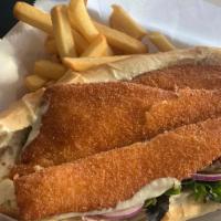 Fried Fish Hoagie · Choice of fried Whiting, Basa o
Served on roll with tartar sauce, lettuce, tomatoes, cheese ...