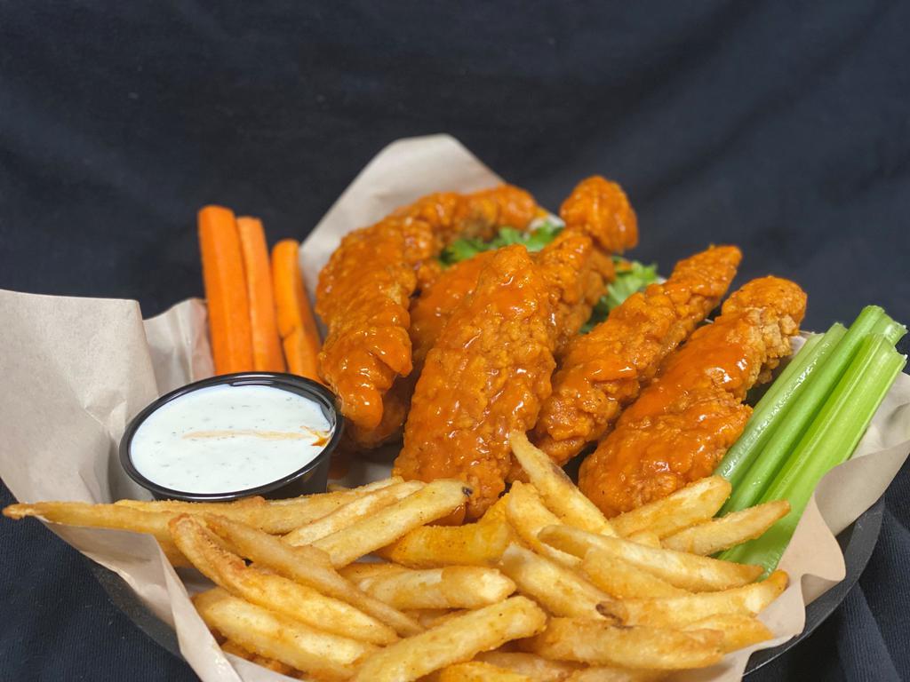 Chicken Tenders · Hand breaded chicken tenders served plain, mild, med, hot, spicy honey garlic, BBQ or teriyaki sauce. Served with french fries, celery, carrots and ranch or bleu cheese.