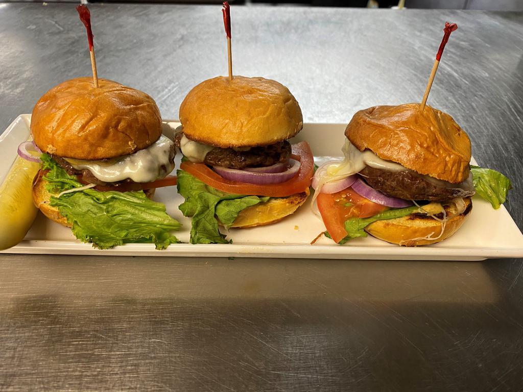 Baseball Sliders · 3 steak medallions with lettuce, tomatoes and provolone cheese on brioche buns.