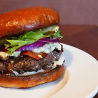 Bacon Bleu Burger  · Topped with Applewood Bacon, Bleu Cheese Crumbles, lettuce, tomato, red onions on grilled br...