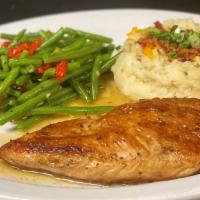 Winner Winner Chicken Dinner · Grilled chicken breast topped with wine butter sauce. Served with mashed potatoes and steame...