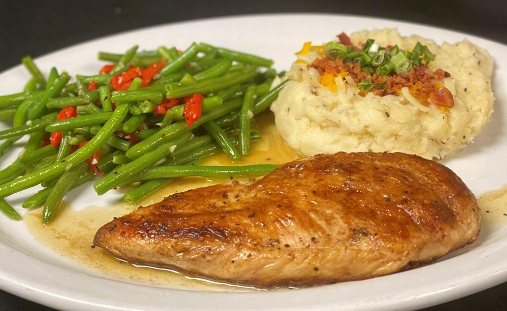 Winner Winner Chicken Dinner · Grilled chicken breast topped with wine butter sauce. Served with mashed potatoes and steamed vegetables.