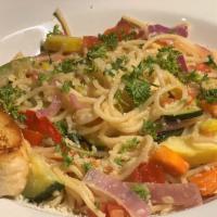 Pasta ala Brando · Linguini pasta, olive oil, red peppers, red onion, broccoli, carrots, mushrooms and garlic, ...