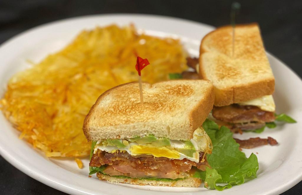 Ultimate Sunrise Sandwich · Fried egg, bacon, lettuce, tomato, avocado on sour dough. Served with hash browns or breakfast potatoes. Add side of bacon or sausage for $2.