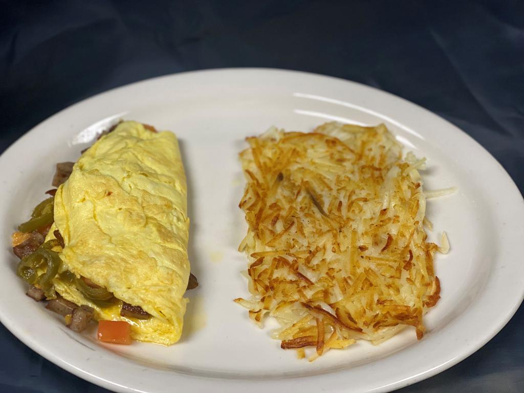 The Three Way Omelet · Three Eggs & Three Favorites: onions, tomatoes, mushrooms, green chiles, jalapenos, bell peppers, ham, bacon, sausage, American, Swiss, Cheddar, Provolone, Monterey Jack, Pepper Jack. Add items for $.50 each.  Served with hash browns or breakfast potatoes and toast.