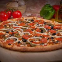Deluxe Pizza · Sausage, mushroom, pepperoni, peppers, onions and olives.