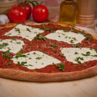 Margherita Pizza · Fresh garlic, extra virgin olive oil, basil, fresh Roma tomato sauce, Romano and mozzarella.