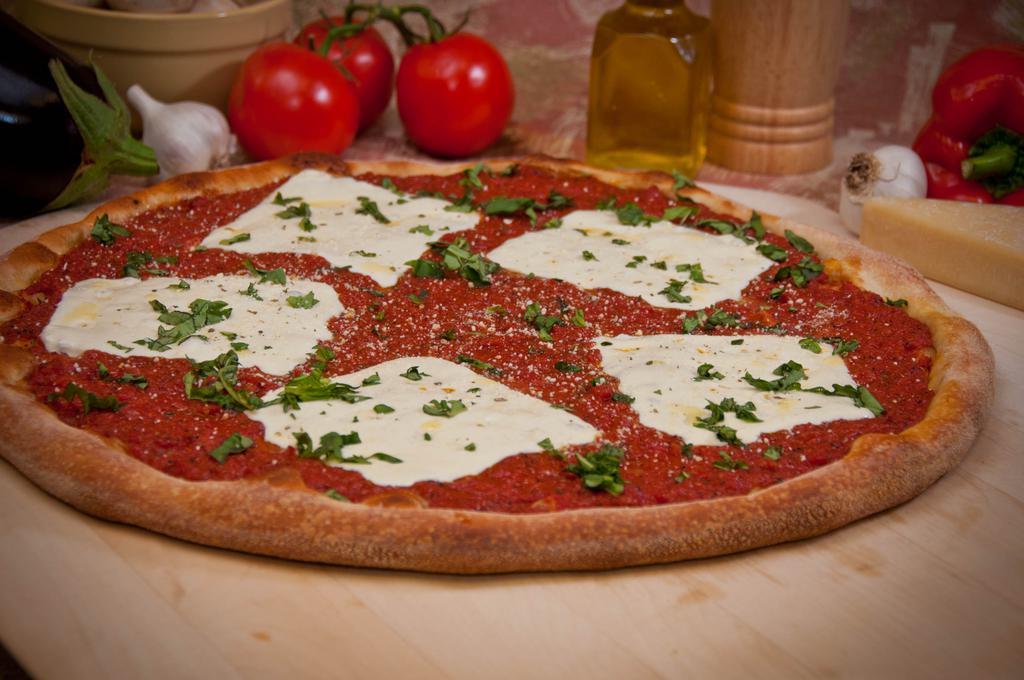 Margherita Pizza · Fresh garlic, extra virgin olive oil, basil, fresh Roma tomato sauce, Romano and mozzarella.