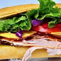 Turkey Coaster Sandwich · Ovengold turkey, smoked Gouda, mama lil's sweet hot peppers, red onions, tomatoes, and a pes...