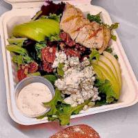 Columbia Salad · Mixed greens, apples, pears, walnuts, blue cheese crumbles, house grilled chicken, and ranch...