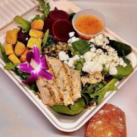 Pilchuck Salad · Mixed greens, roasted beets, pumpkin seeds, croutons, goat cheese, house grilled chicken, an...