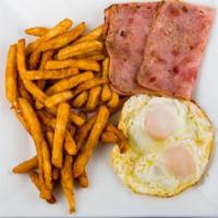 El Americano · 2 fried eggs, sausage, ham or bacon and fries.