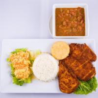 Pechuga Empanizada Lunch Special · Breaded chicken. Served with rice, beans and sweet plantain.