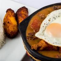 Cazuela de Frijoles · Colombian style ground beef, rice, beans, fried egg and sweet plantain.