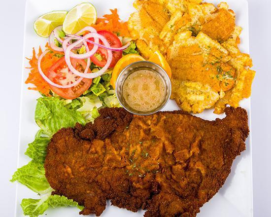 Bistec Empanizado · Breaded steak. Served with your choice of 2 sides.