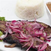 Bistec Encebollado · Grilled steak with sauteed Spanish onions. Served with your choice of 2 sides.