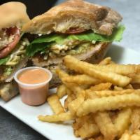 Grilled Chicken Sandwich with French Fries · Melted cheese, stix potatoes chip, onion, lettuce and tomato. Includes soda.