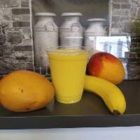 The Mango Tango Smoothie · Mango, banana, vanilla nonfat yogurt, orange juice.
