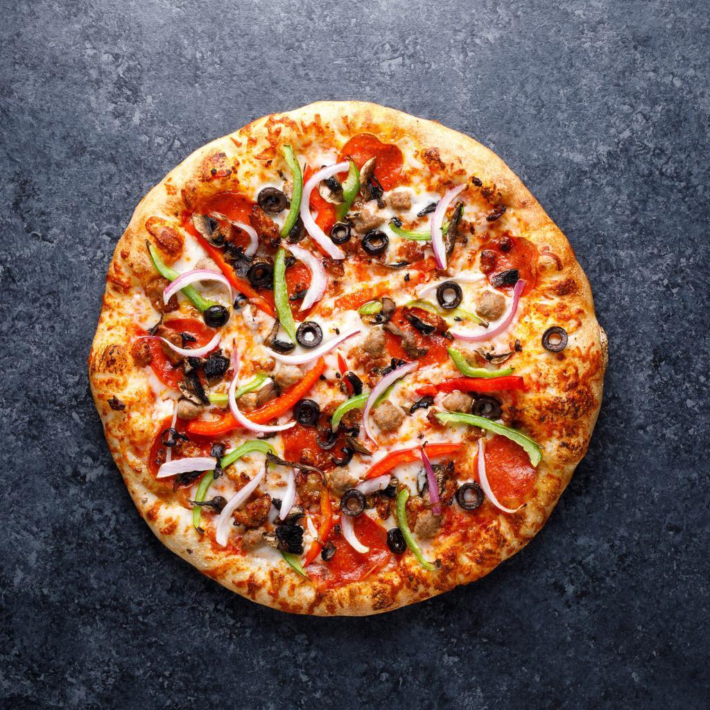 Supreme Pizza · Marinera Sauce, Mozzarella Cheese, Pepperoni, Sausage, Beef, Bell Peppers, Red Onions, Mushrooms, and Olives