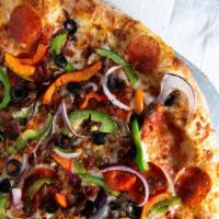 Mexicana Pizza · Marinera Sauce, Mozzarella Cheese, Spicy Chorizo, Sausage,  Bell Peppers, Red Onions, Mushro...