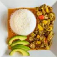 Okra · Molondrones. Okra stew with green peppers, red peppers, onions and chopped olives in tomato ...