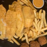 Fried Tilapia Plate · 3 tilapia filets served red with fries and slaw.