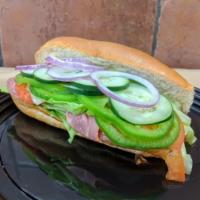 Italian Sub · Sub roll, pork and beef hard salami, pepperoni, hot cappy and low sodium provolone. Add cond...