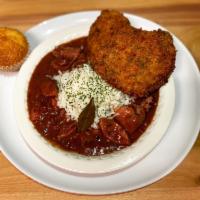 Monday- Red beans sausage & rice w/ fried pork chop · Red beans and rice served with fried pork chops