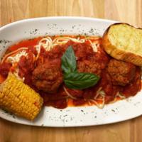 Wednesday- Spaghetti and Meatballs · 3 large meatballs and marinara over spaghetti pasta, garlic bread and corn on the cob