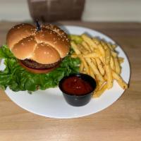 Classic American burger W/ fries · All natural beef, cheese, tomatoes, lettuce, red onions, Mayo, mustard, ketchup served with ...