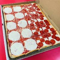 Full Tray Extra Cheese and  Pepperoni Pizza · Full tray of pizza with extra cheese provolone and pepperoni on every slice.