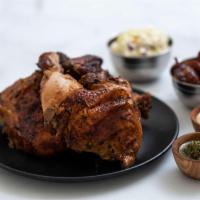 Whole Chicken · With two large sides of your choice, and aji sauces. Marinated free-range rotisserie chicken...