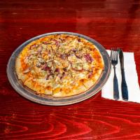 Buffalo Chicken Pizza · Pulled chicken, crumbled bleu cheese, red onion and Buffalo sauce.