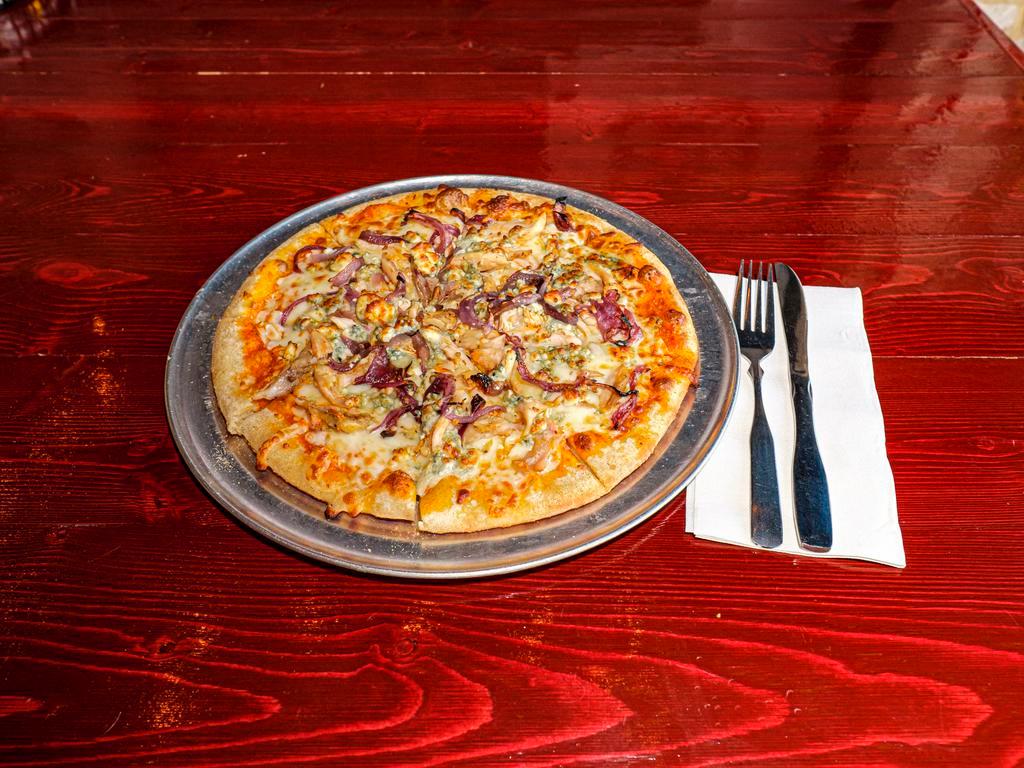Buffalo Chicken Pizza · Pulled chicken, crumbled bleu cheese, red onion and Buffalo sauce.