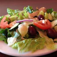 Greek Salad with Chicken · Romaine, feta cheese, Kalamata olives, cucumbers, tomatoes, red onions, artichoke hearts, cr...