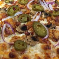 Spicy BBQ Chicken and Bacon · Red hot sauce, mozzarella, BBQ chicken, bacon, mushrooms, red onions and jalapenos.