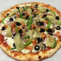 Vegetarian Pizza · Red sauce, mozzarella, mushrooms, red onions, green bell peppers, black olives and tomatoes.