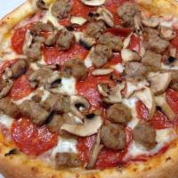 Pepperoni, Mushrooms and Sausage Pizza · Red sauce, mozzarella, pepperoni, mushrooms and sausage. 