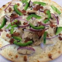 Garlic Chicken and Bacon Pizza · Creamy white sauce and garlic, mozzarella, chicken, bacon, mushrooms, red onions, green bell...