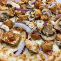 BBQ Chicken Pizza · BBQ sauce, mozzarella, BBQ chicken, mushrooms, red onions and cilantro. 