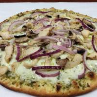Pesto Chicken Pizza · Pesto sauce, mozzarella, chicken, mushrooms, and red onion. 