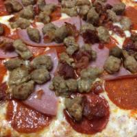 Meat Lover Pizza · Red sauce, mozzarella, pepperoni, ham, sausage, ground beef and bacon. 