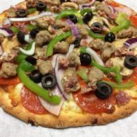 Combination Pizza · Red sauce, mozzarella, pepperoni, sausage, mushrooms, black olives, bell peppers, red onions...