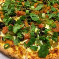 Curry Veggie Pizza · Curry sauce, mozzarella, green bell peppers, black olives, red onions, jalapenos, diced toma...