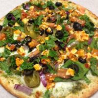 Pesto Paneer Pizza · Homemade pesto sauce, mozzarella, spinach, black olives, jalapenos, red onions, curry paneer...