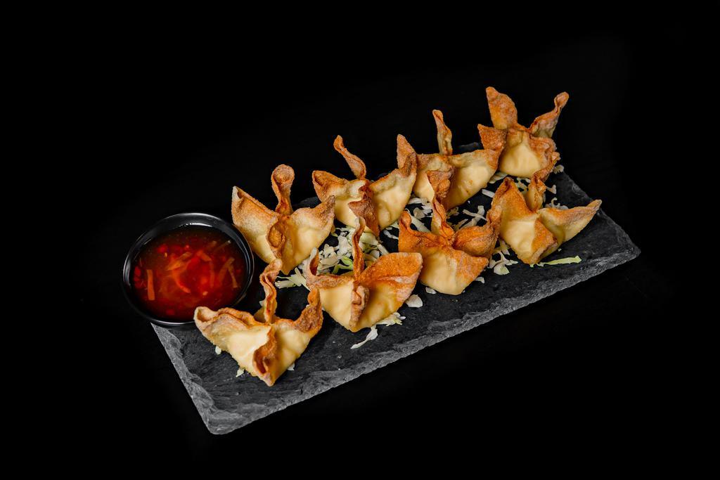 Crab Rangoon · 8 pieces. Crispy fried wonton filled with cream cheese, imitation crab, and spices. Served with sweet chilli sause.