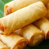 Spring Rolls (4 pcs) · Fried rolls stuffed with cabbage, carrots, glass noodles. Served with a sweet-chili dipping ...