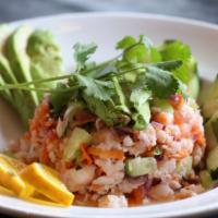 Ceviche · With your choice of shrimp or fish cooked with lime juice, cilantro, onions, tomatoes, carro...