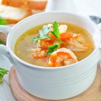 Sopa De Camarones  · Shrimp soup served in large bowl.